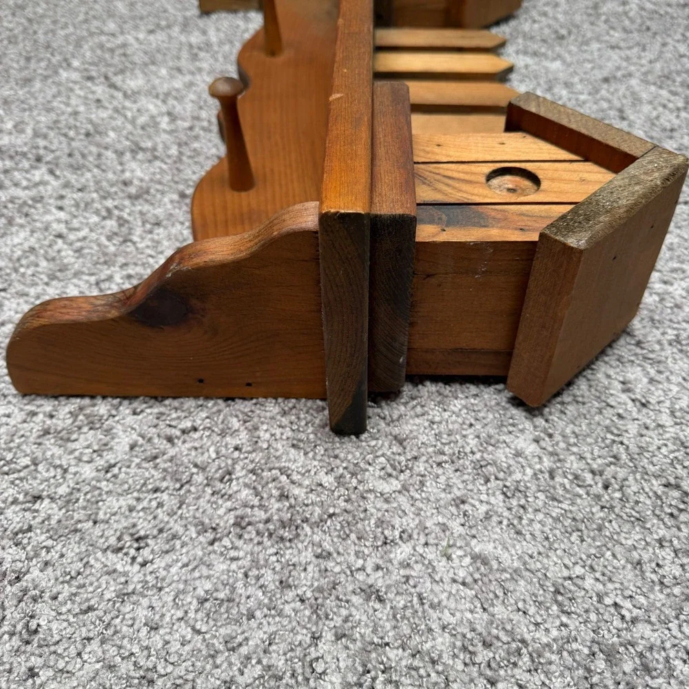 Vintage Wooden Wall Shelf Pegs Birdhouse Picket Fence Brown Cottage Rustic Farm